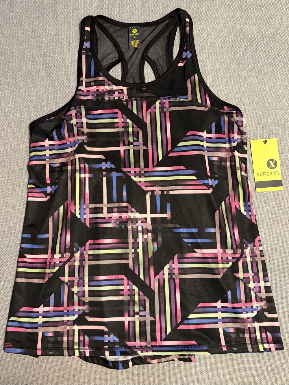 Xersion Black Racerback Muscle Tank with Neon Pink Blue Purple Green Stripes